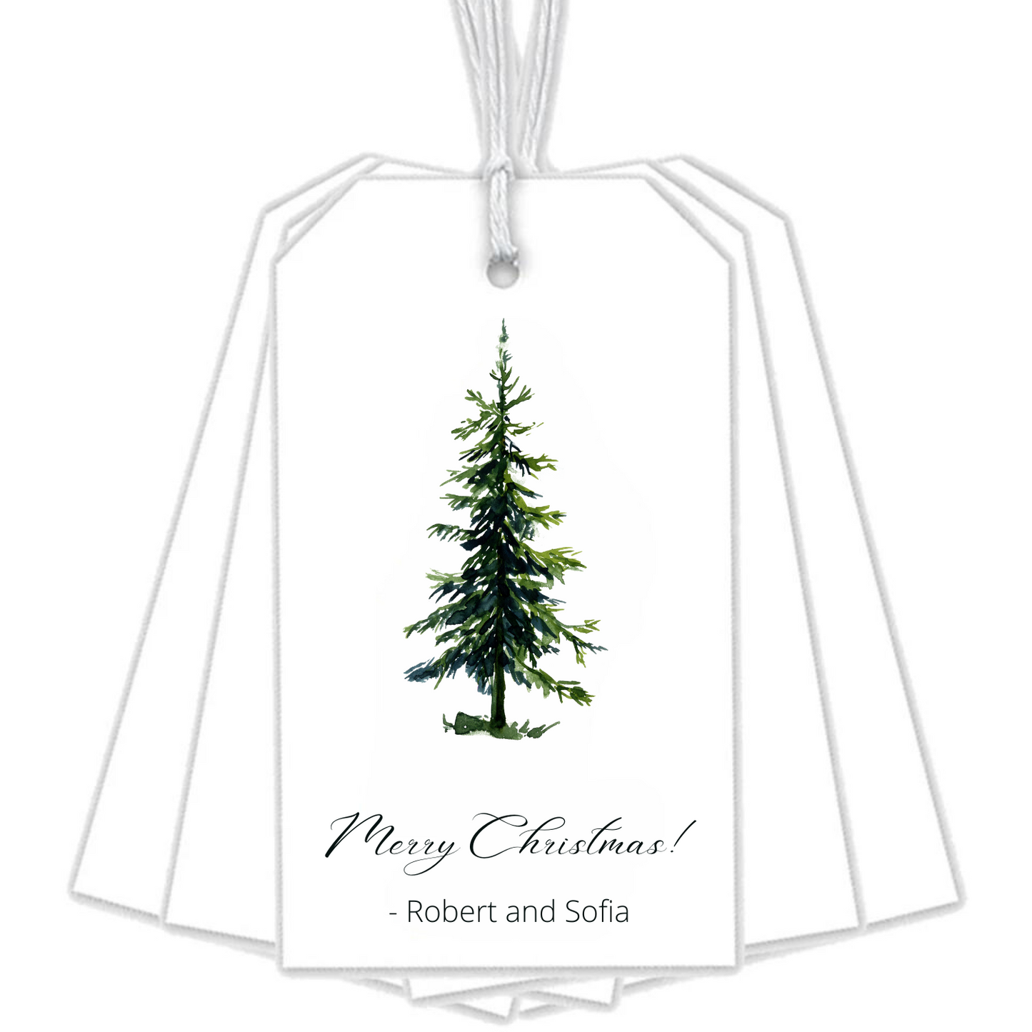 White gift tags with a Christmas tree personalized with Merry Christmas and names.