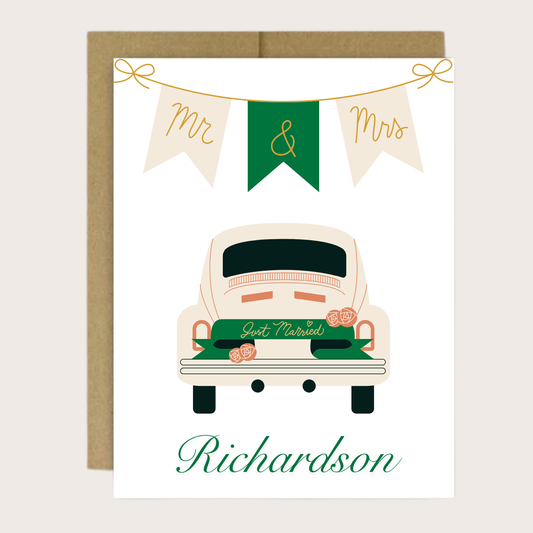 A Mr. and Mrs. Banner and just married car greeting card personalized with a last name.