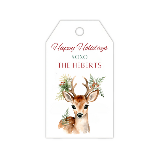 A gift tag with a Christmas themed reindeer.