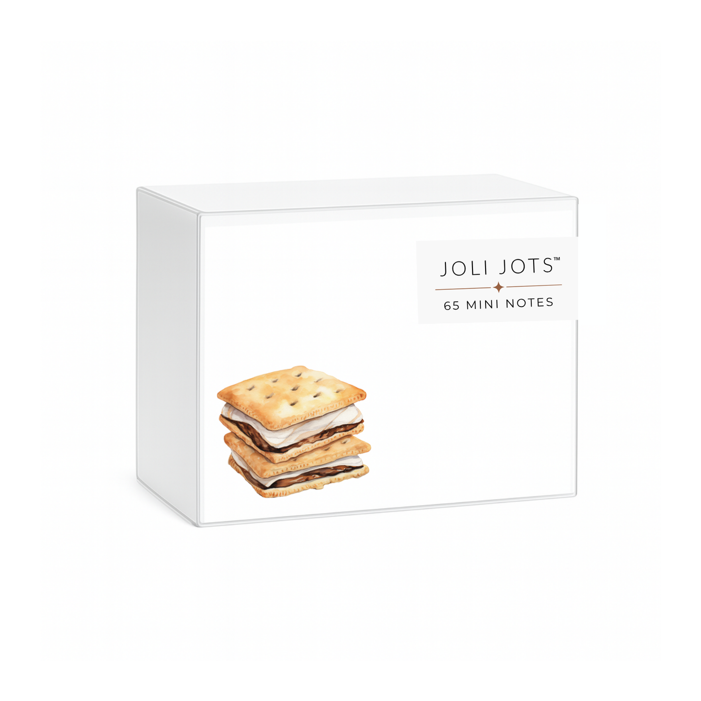 Joli Jots mini notes packaging with a stack of S'mores on a white background