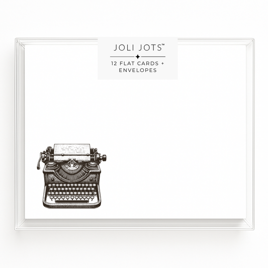 Product packaging for Joli Jots flat cards and envelopes with a typewriter illustration on a white background.