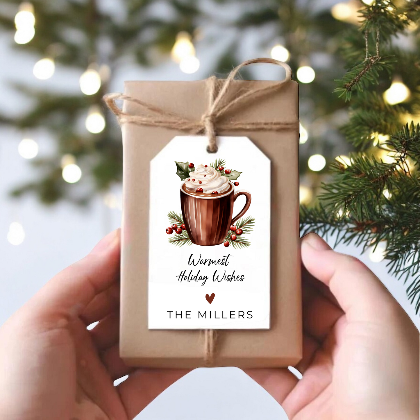 Christmas gift with hot cocoa gift tag.