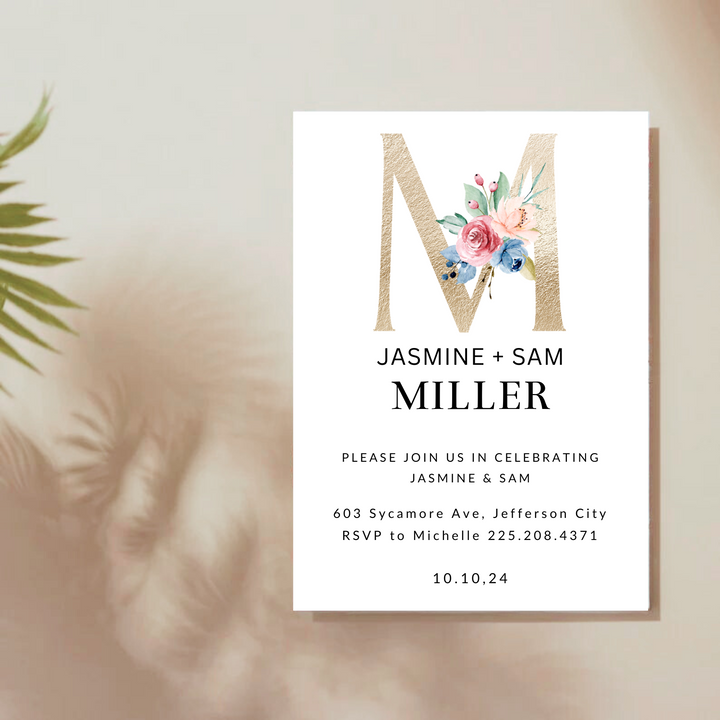 GOLD FLORAL INITIAL INVITATIONS