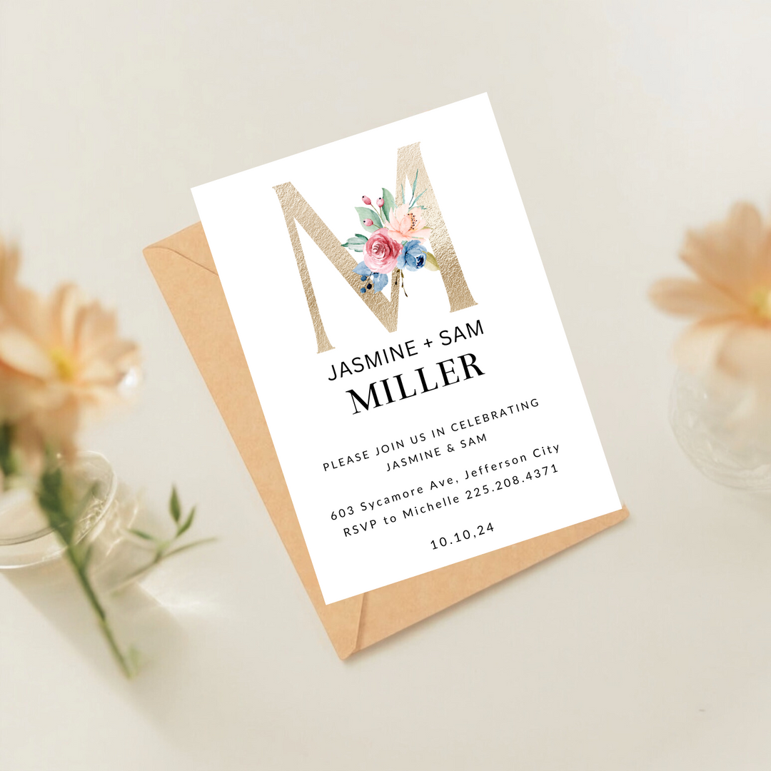 GOLD FLORAL INITIAL INVITATIONS