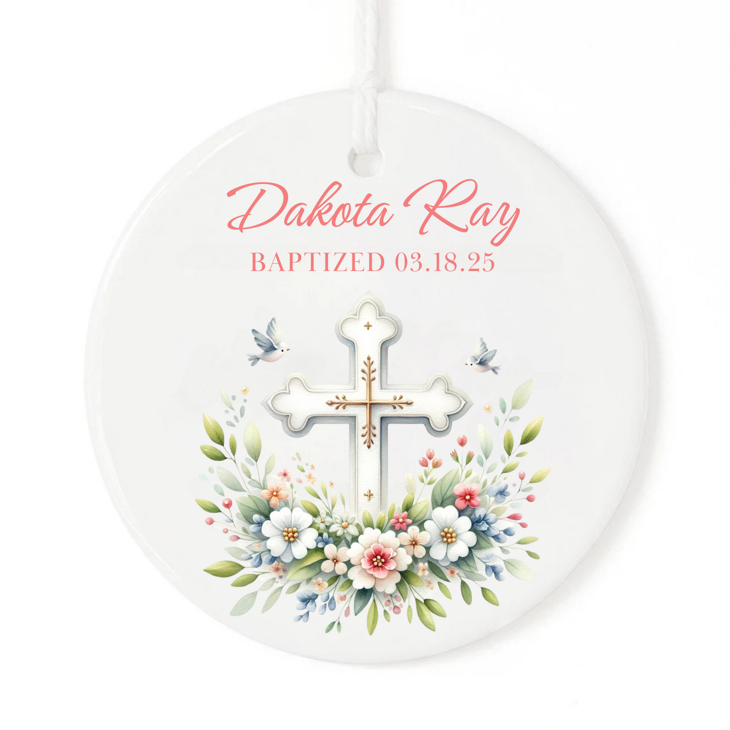 BAPTISM FLORAL CROSS  ORNAMENT
