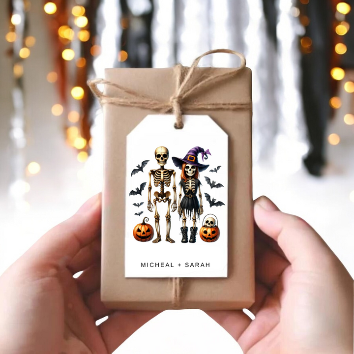 Small gift box with Halloween skeletons and couple's names.