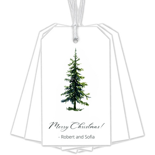 White gift tags with a Christmas tree personalized with Merry Christmas and  names.