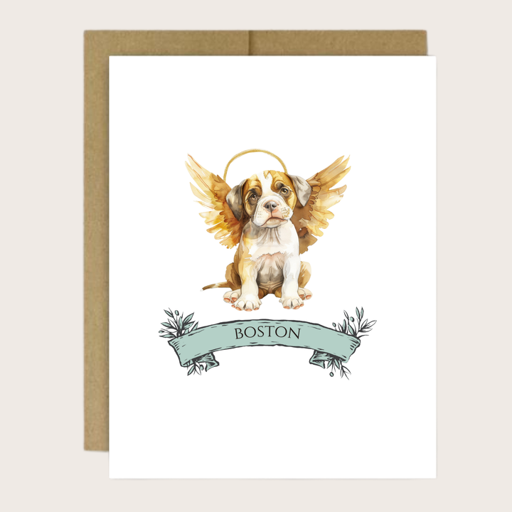 A personalized greeting card with a Boxer puppy with halo and wings.