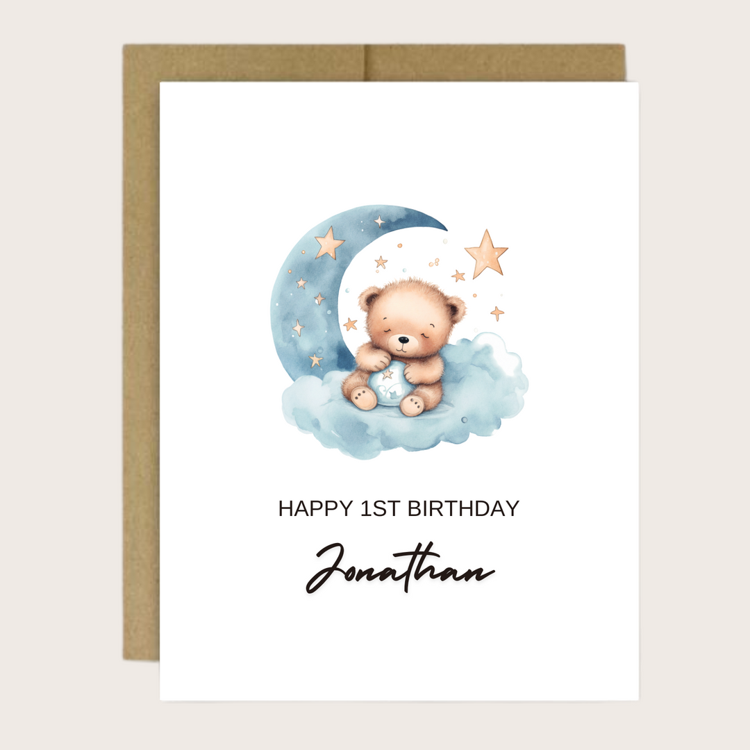 Greeting card with sleepy bear on blue cloud and moon design.