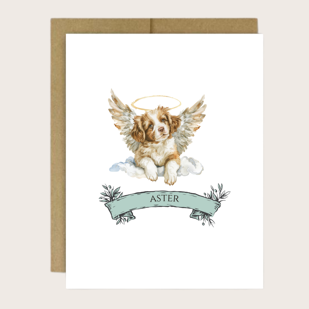 A greeting card with an Australian Shepherd with halo and wings and a banner with the dog's name.