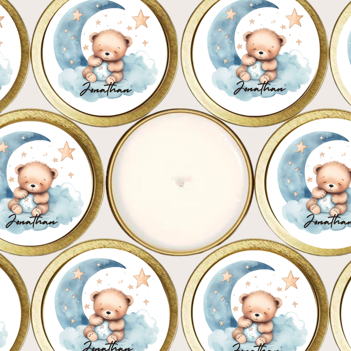 gold tin candles with blue cloud and moon and sleepy teddy bear.