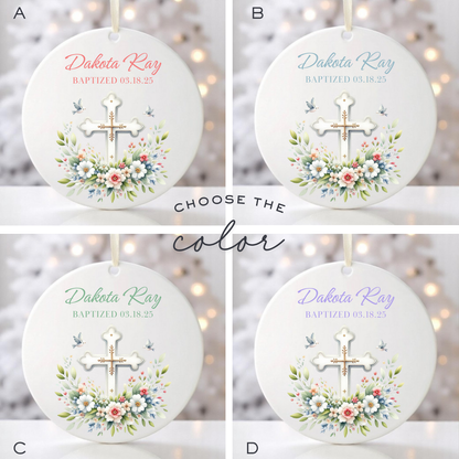 BAPTISM FLORAL CROSS  ORNAMENT