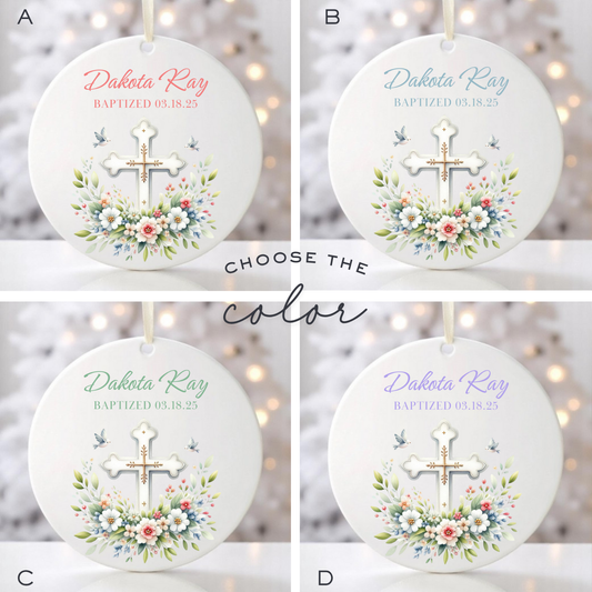 BAPTISM FLORAL CROSS  ORNAMENT