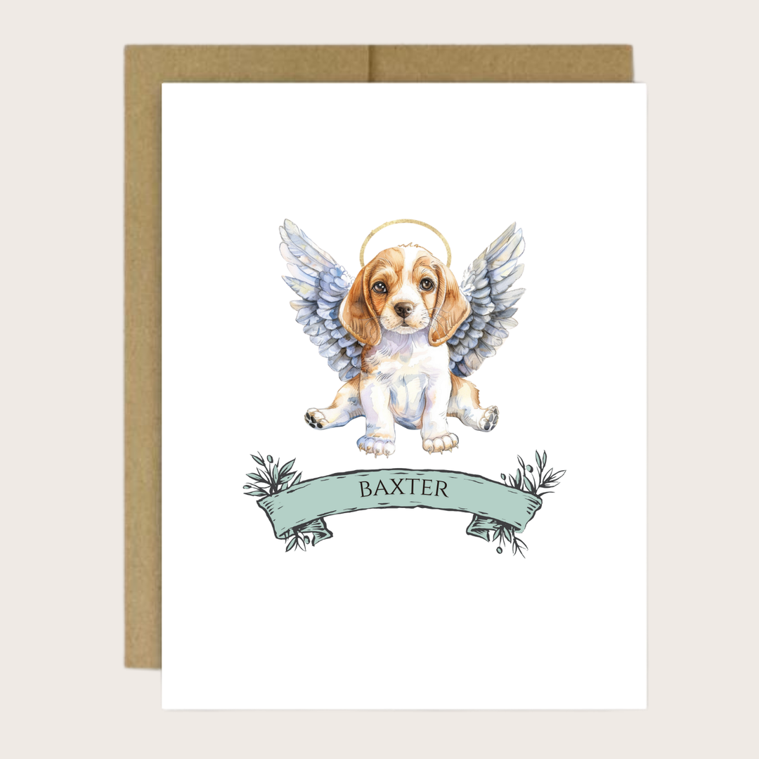 A greeting card with a Beagle puppy with halo and wings and personalized name.