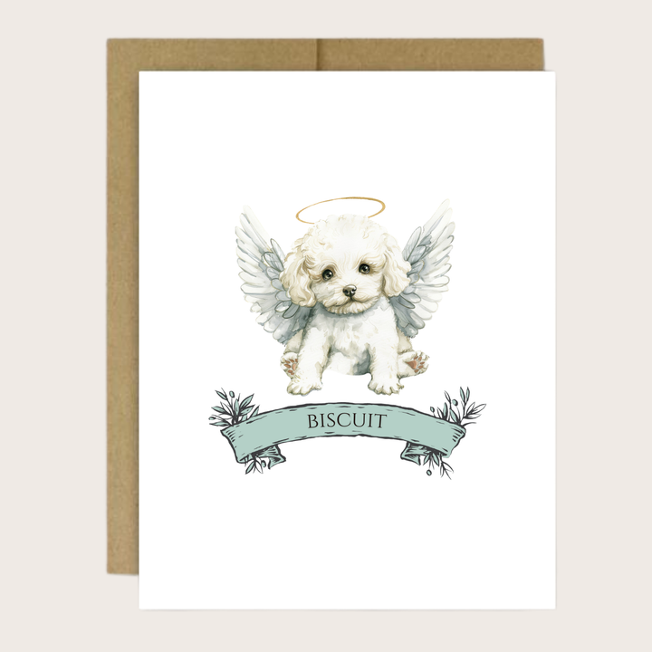 A personalized greeting card with a bichon frise dog with a halo and wings.