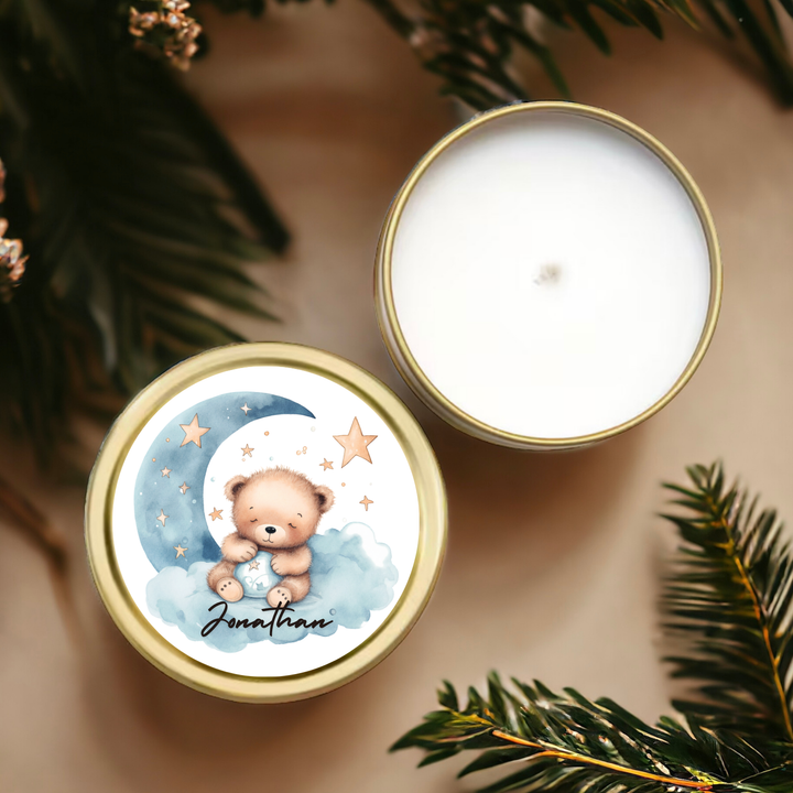 Gold tin candle with blue moon and cloud and sleepy teddy bear label.