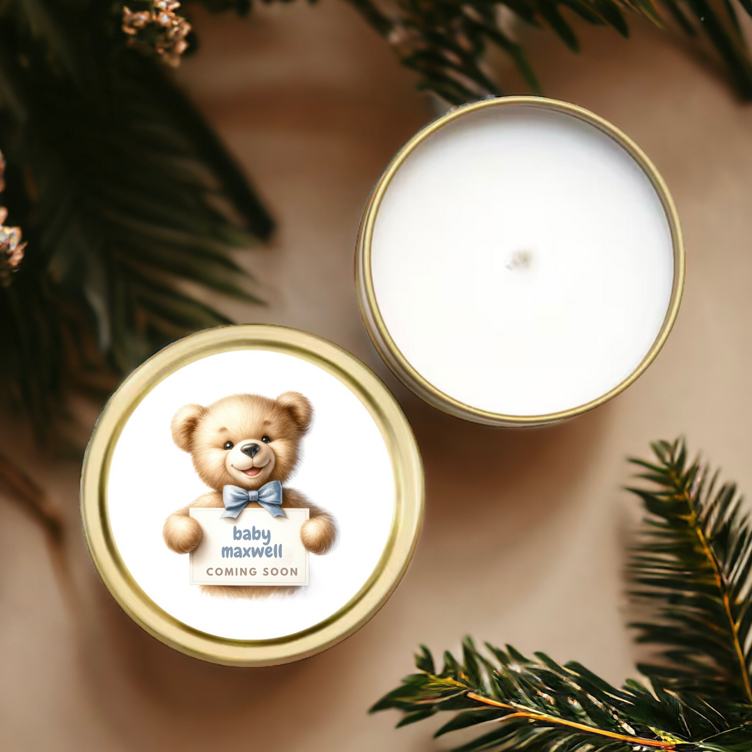 Gold baby shower tin candle with teddy bear