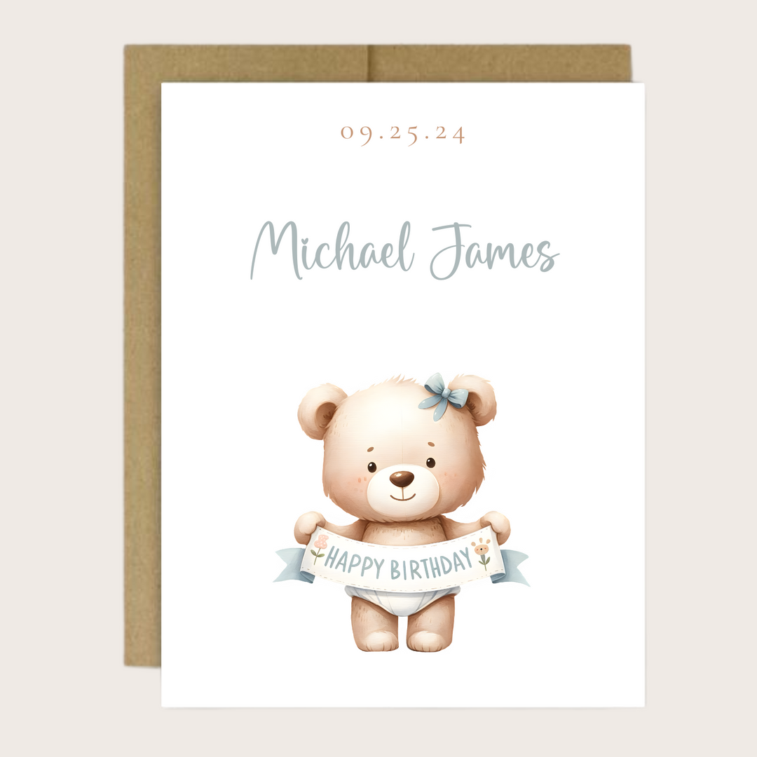 A greeting card with a teddy bear holding a Happy Birthday sign.