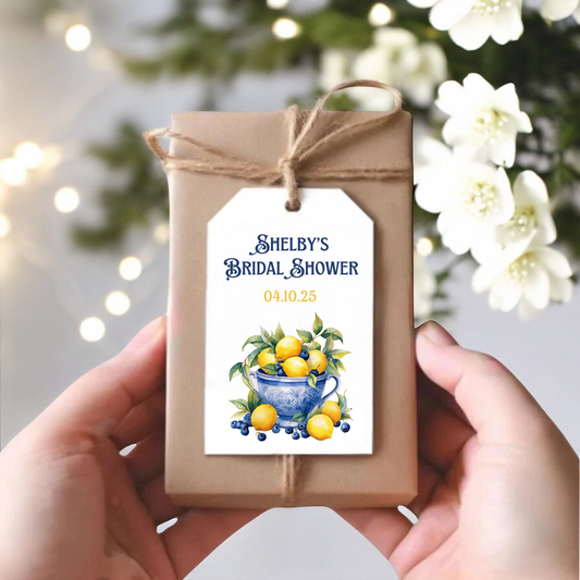 A small gift box with a blueberry lemon bridal shower theme.