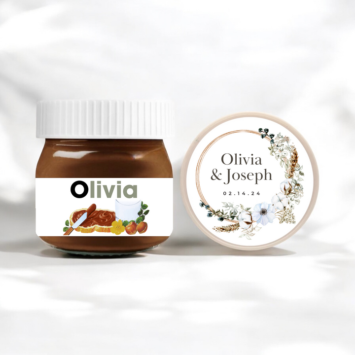 A Nutella jar with personalized boho wreath label