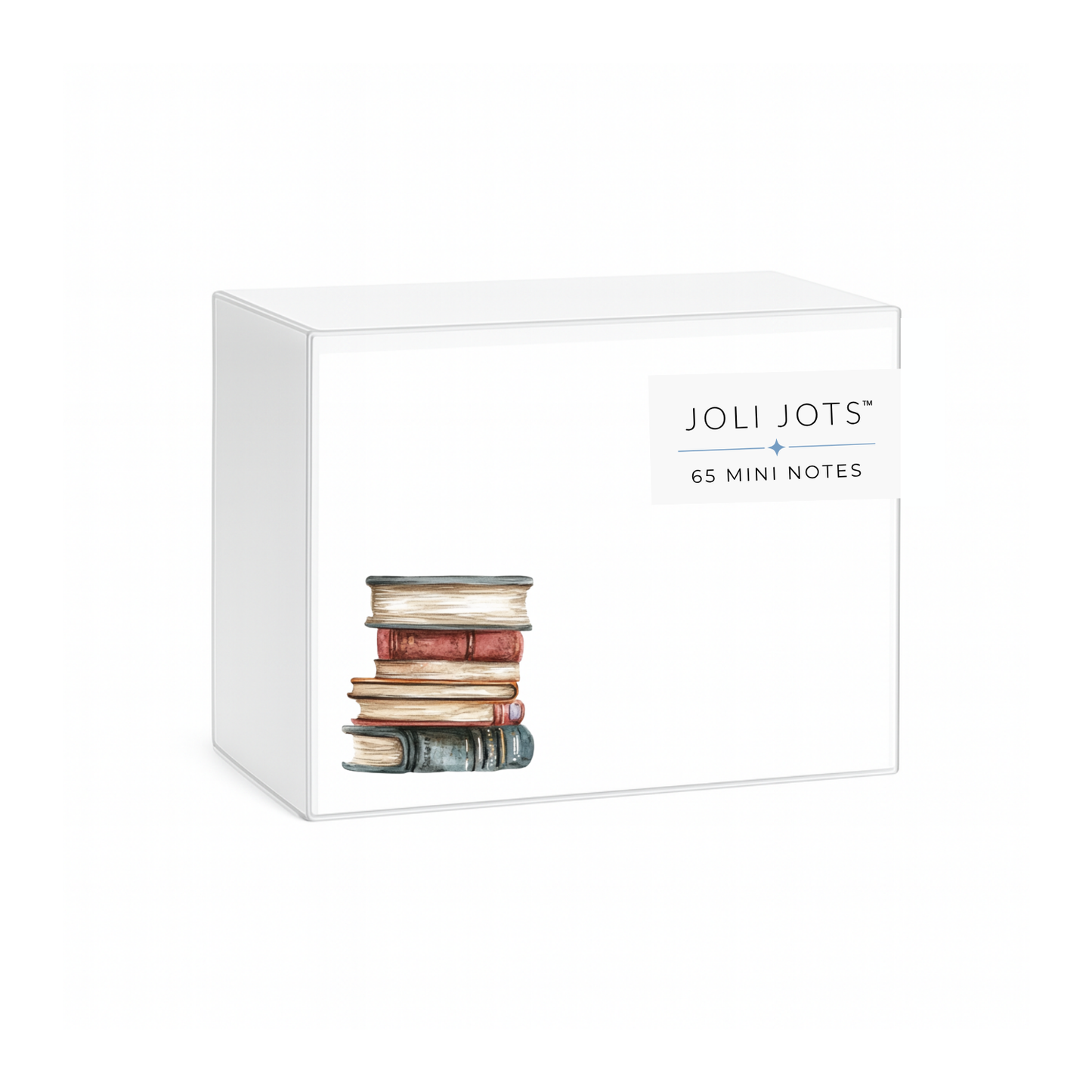 Box of Joli Jots mini notes with a stack of colorful books on a white background