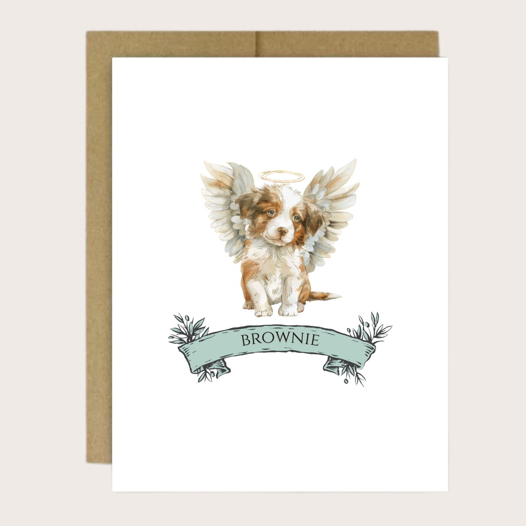 A greeting card with a Border Colie puppy with a halo and wings.