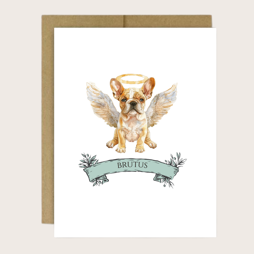 A personalized greeting card with a bulldog with halo and wings.