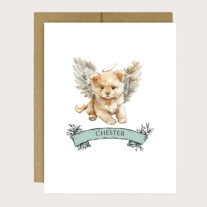 A personalized pet memorial greeting card with a Chow Chow dog with halo and wings and a name.