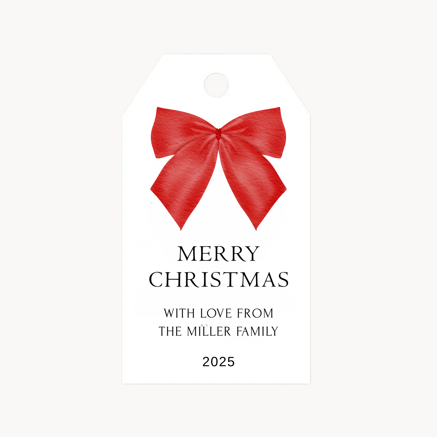Christmas bow gift tags with a personalized message.