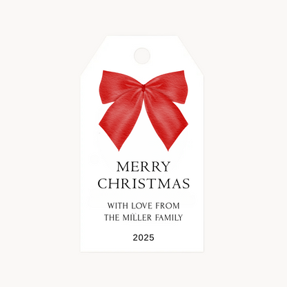 Christmas bow gift tags with a personalized message.
