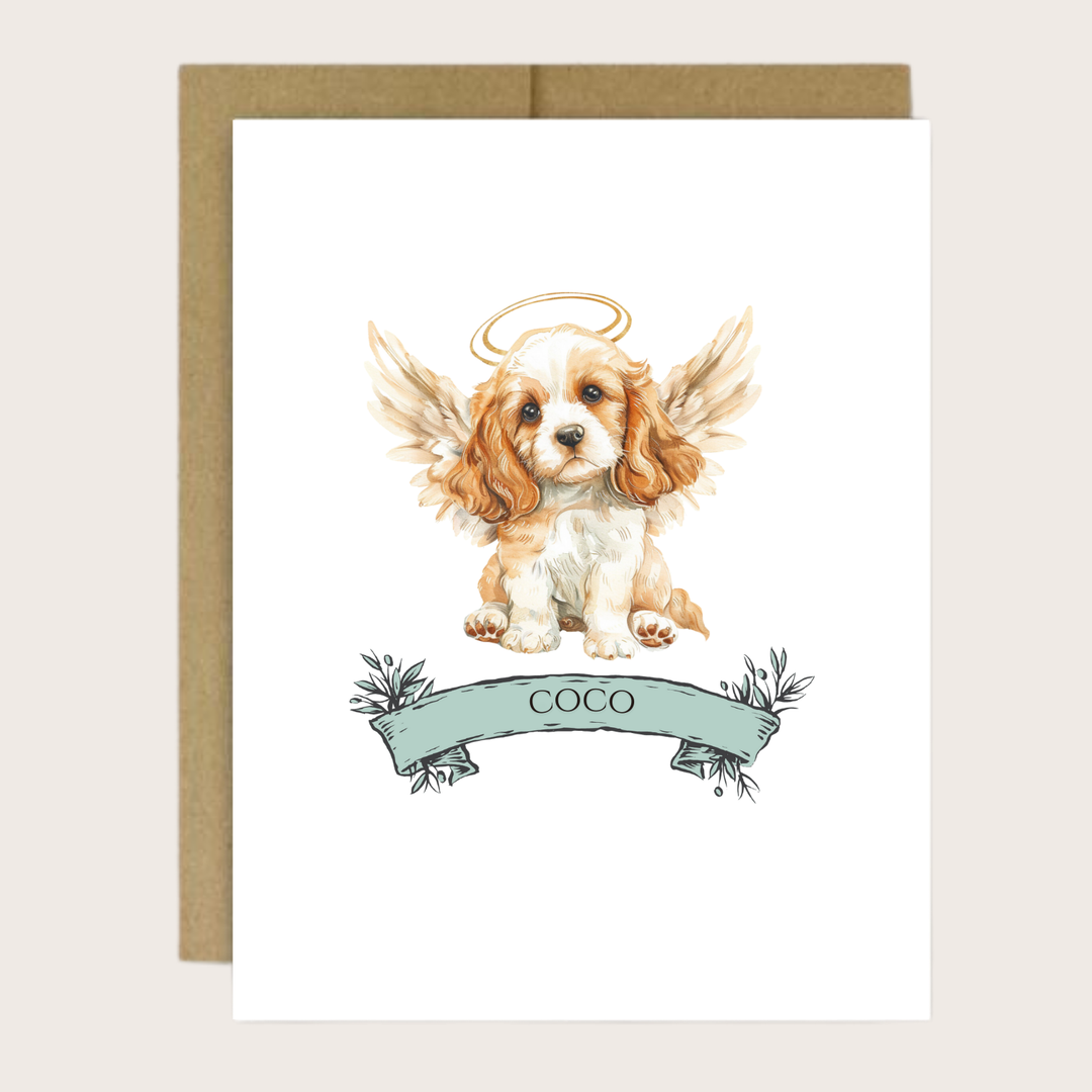 A greeting card with a cocker spaniel with halo and wings and a personalized name.