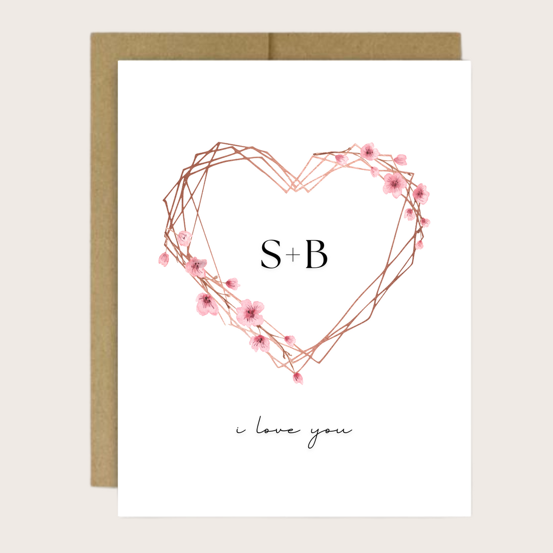 Personalized greeting card with pink heart and "i love you."