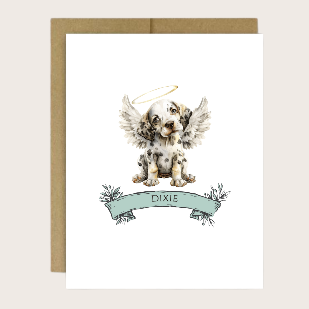 Greeting card with dalmatian puppy with halo and wings and a personalized name.