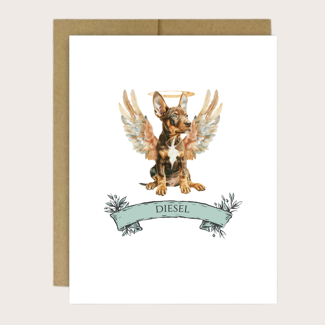 Greeting card with Doberman pinscher dog with halo and wings.