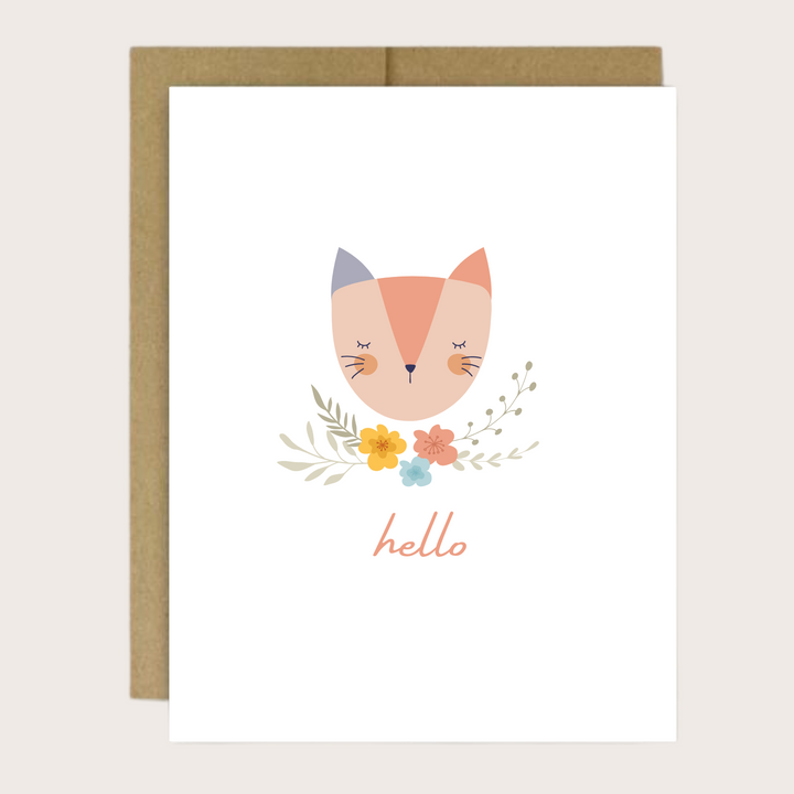 A greeting card with a pink cat, flowers and "Hello."