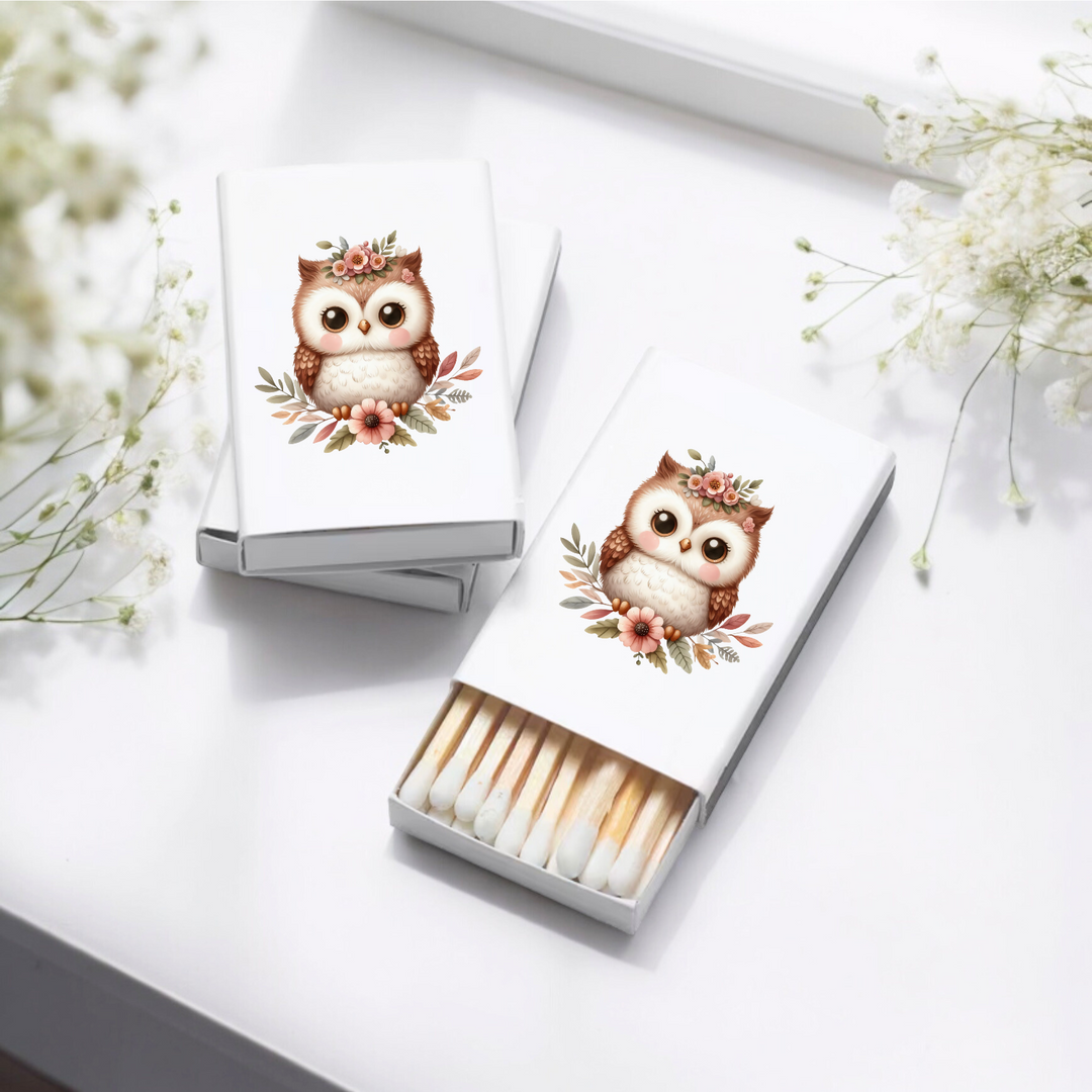 Matchbox favors with a floral owl.