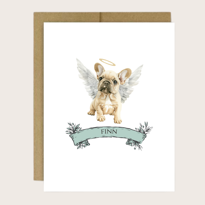 Greeting card with French Bulldog with halo and wings.