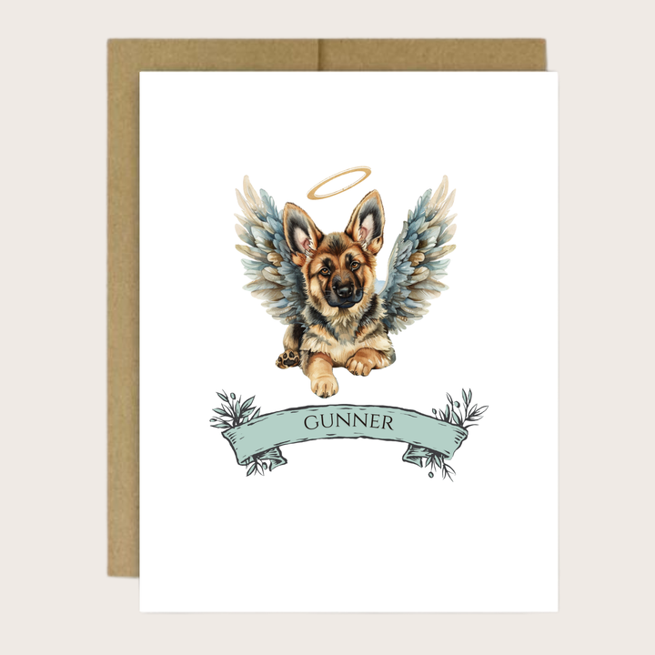 A greeting card with a German Shepherd puppy with halo and wings.