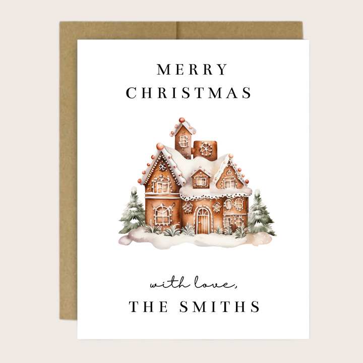 Personalized greeting card with snowy gingerbread house.