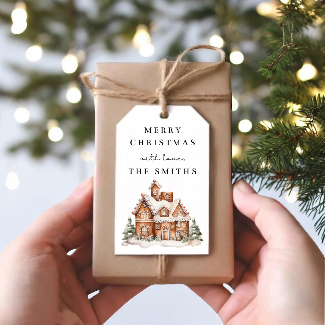 Small gift box with a personalized gingerbread house gift tag.