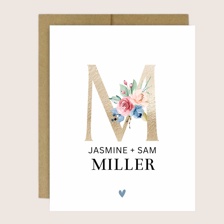 A personalized greeting card with the letter M and the couples, first and last name.