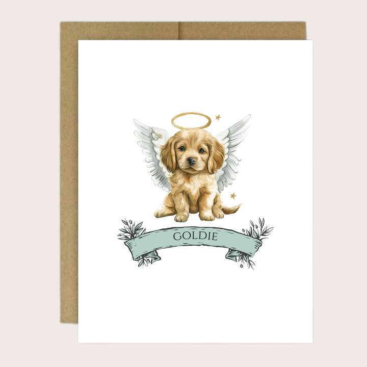 Greeting card with Golden Retriever with wings and halo.