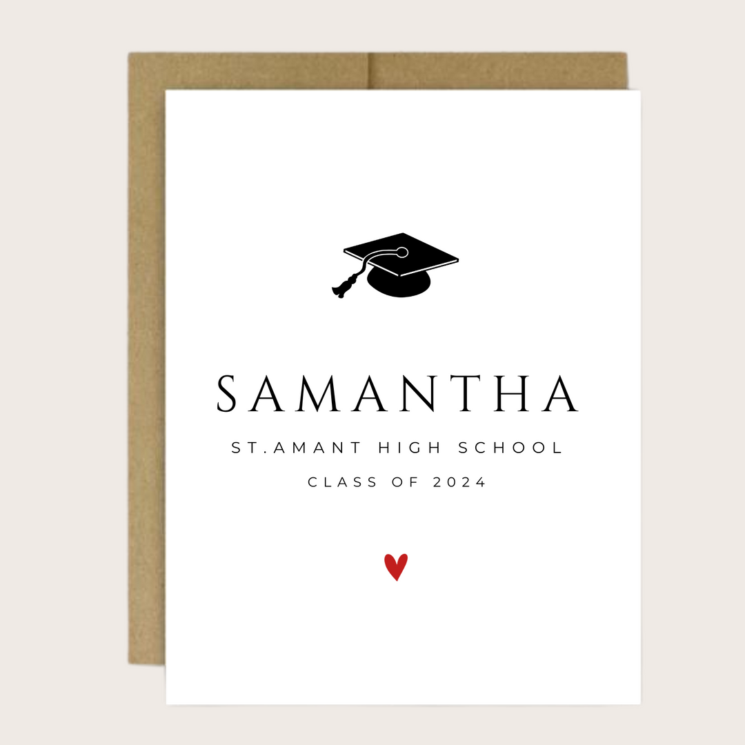 Greeting card with graduation cap and graduate's name, school and graduation year.