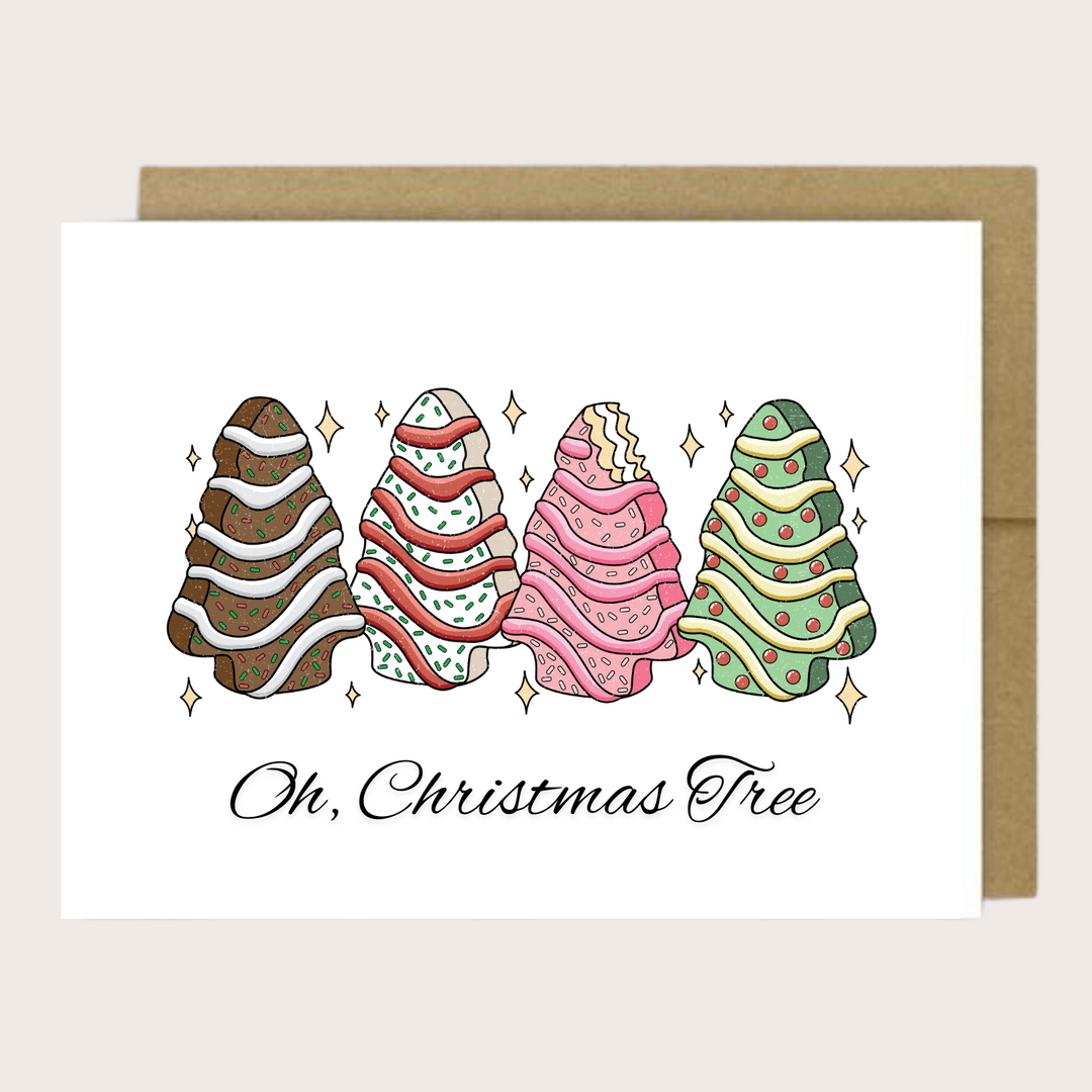 Greeting card with four Christmas tree snack cakes and the words Oh, Christmas Tree