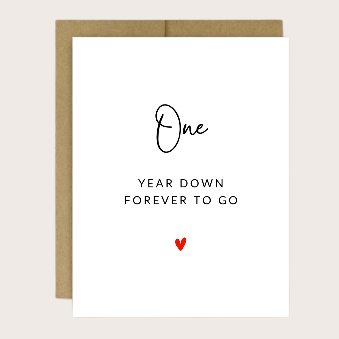 Personalized greeting card with one year down to go and a red heart.