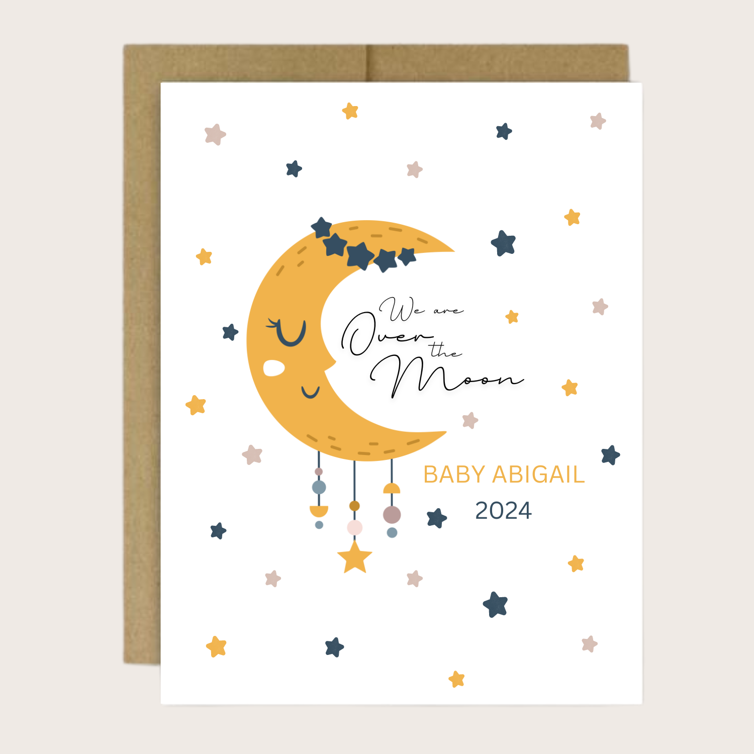 Personalized greeting card with yellow moon and yellow and blue stars.