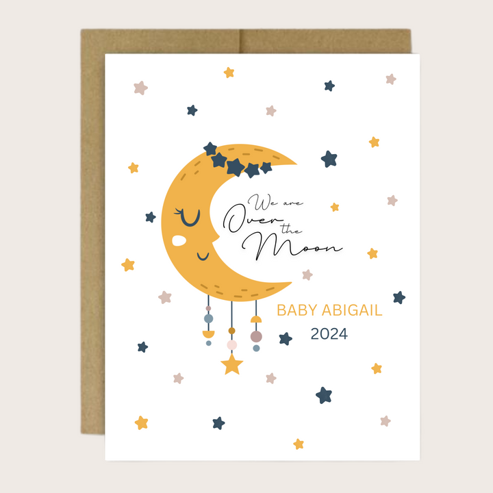 Personalized greeting card with yellow moon and yellow and blue stars.