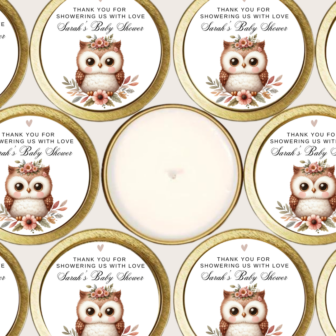 Gold tin candles with a floral owl and personalized label.