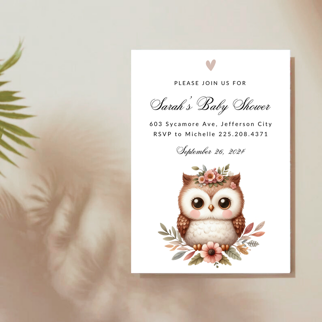 Baby Shower Invitation with floral owl design.