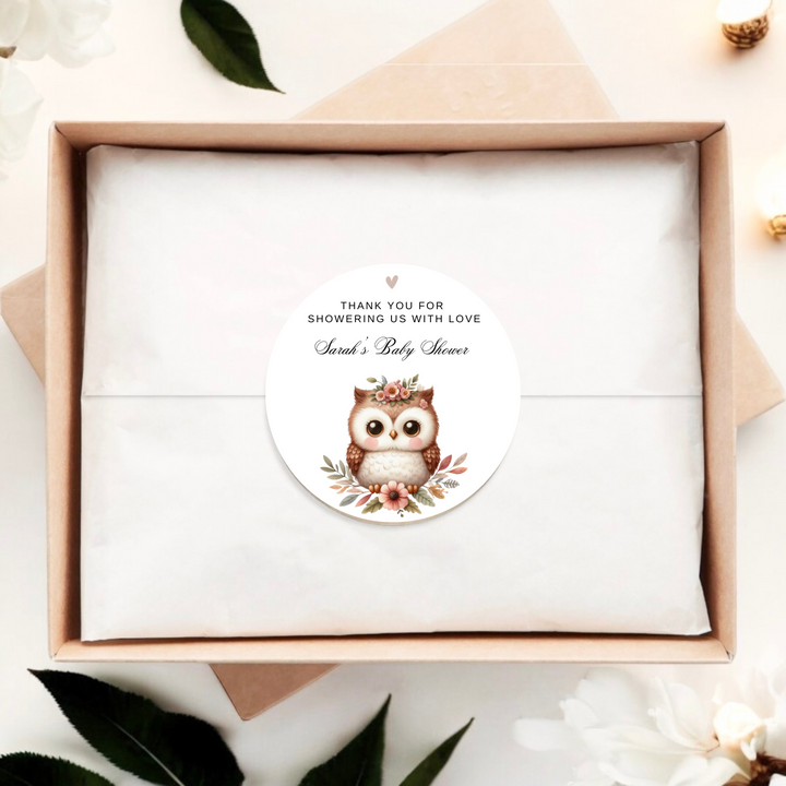 Gift box with personalized floral owl sticker.